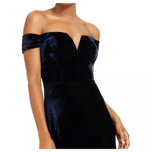 City Studios Juniors Size 5 Blue Velvet Off The Shoulder Gown Dress Split V Neck - Picture 14 of 14